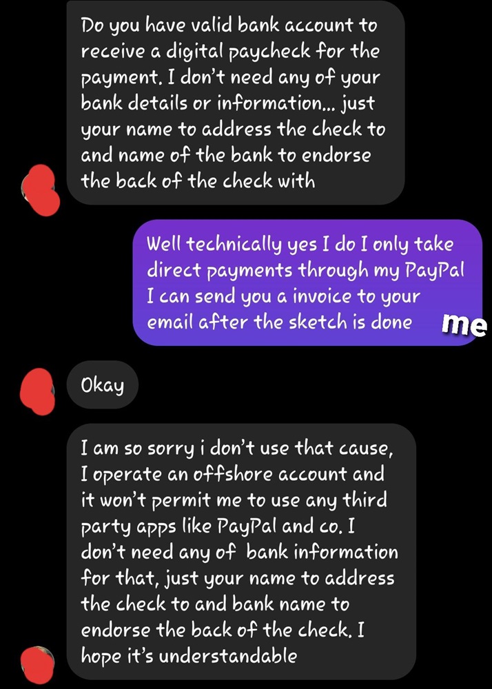 The scammer wants to pay using a fake check