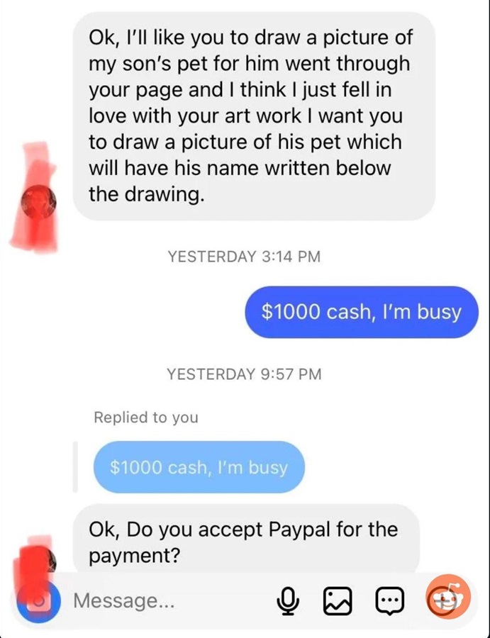 The scammer is asking their victim to commission art of their son's pet